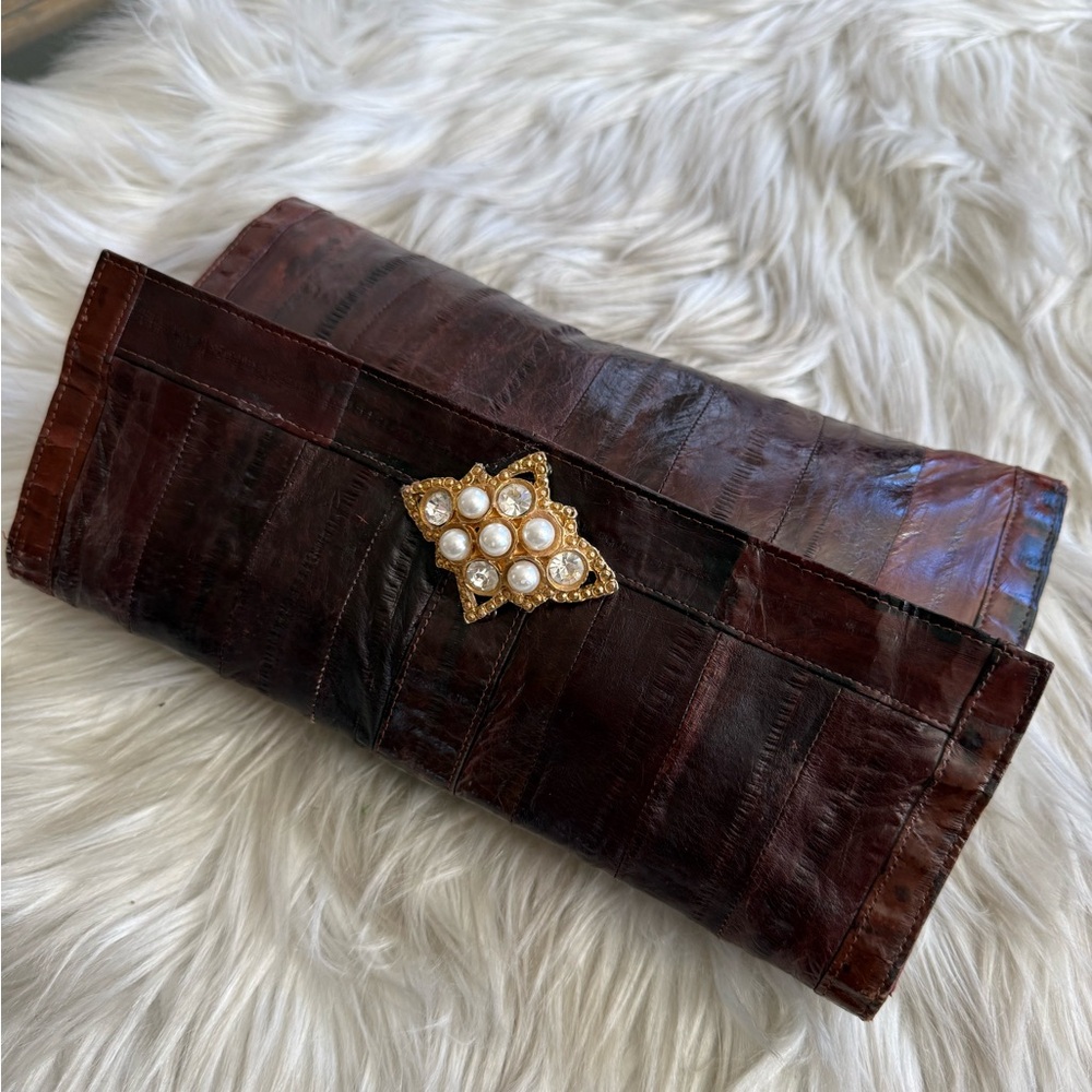 Vintage Eel Skin Brown Clutch Bag Gold Tone Embellishment Pin Up cycled Purse